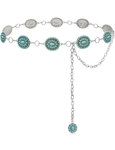 Xiokyo Turquoise Belt Silver Western Chain Belt, Cowgirl Concho Style with Turquoises Embellishment for Women (Cluster Turquoise, Fits low waist 41–45''(55'' total)) | Amazon (US)