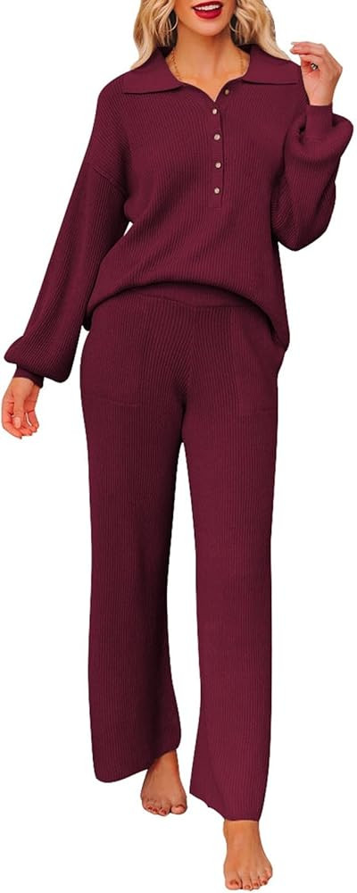 Pink Queen Women's 2 Piece Outfit Sweater Set Long Sleeve Button Knit Pullover Top Wide Leg Pants... | Amazon (US)