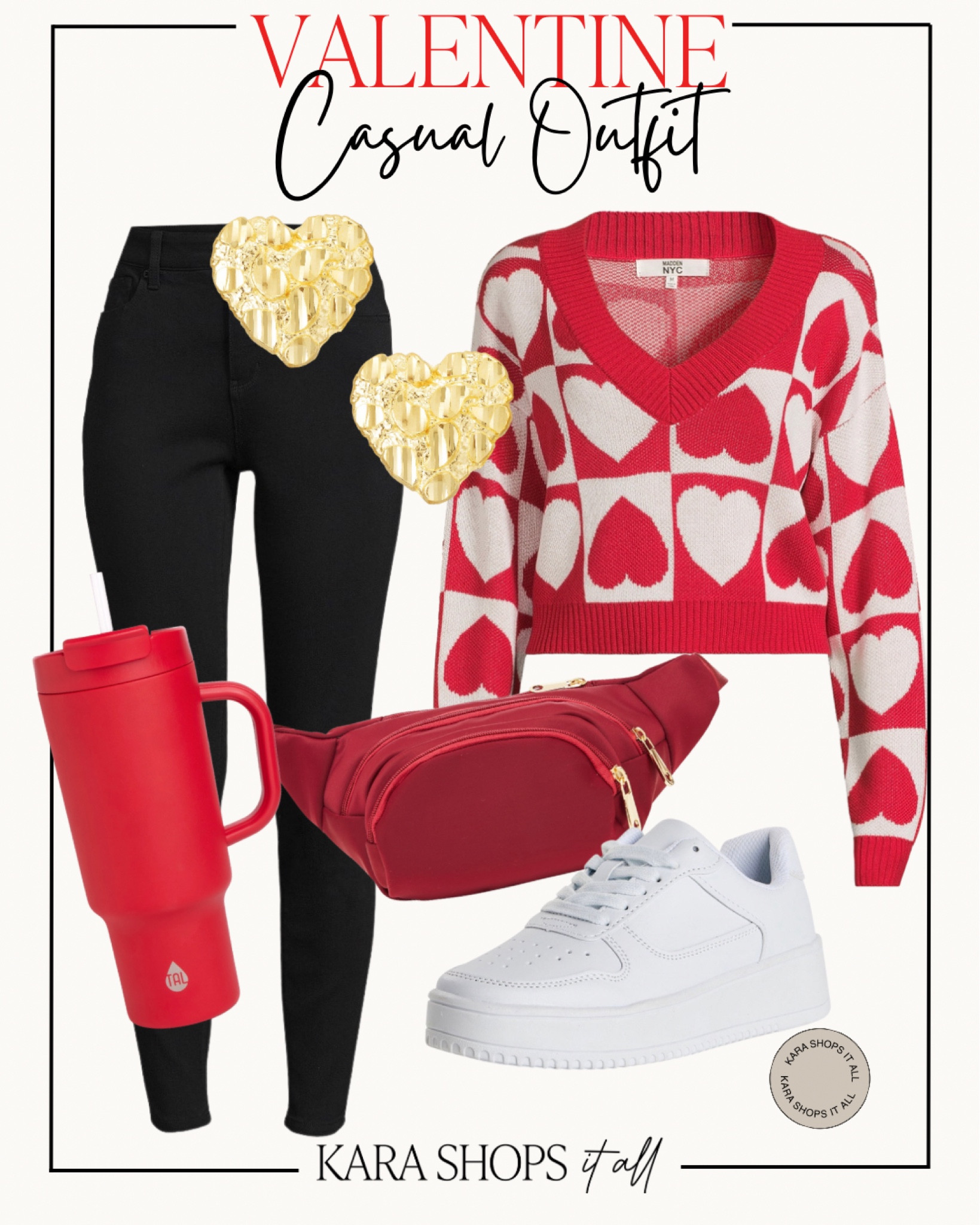 Valentines casual outfit from Walmart! Shop the best outfits at Walmart! I love this hearts sweater and red tumbler! The red belt bag and gold heart earrings are the perfect addition!
#Walmart #Walmartstyle #Walmartfashion

#LTKSeasonal #LTKsalealert #LTKstyletip