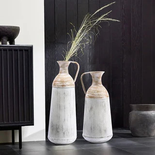 Distressed Off White and Rustic Brown Metal Pitcher Vase (Set of 2) - Bed Bath & Beyond - 2920616... | Bed Bath & Beyond