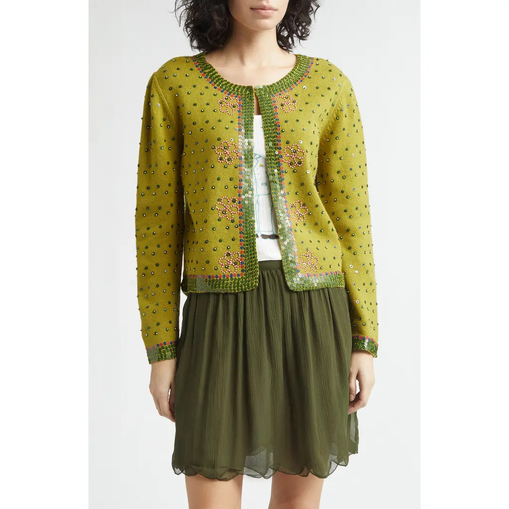 Bode Fairyfloss Beaded Wool & Cashmere Cardigan in Green at Nordstrom, Size Large | Nordstrom