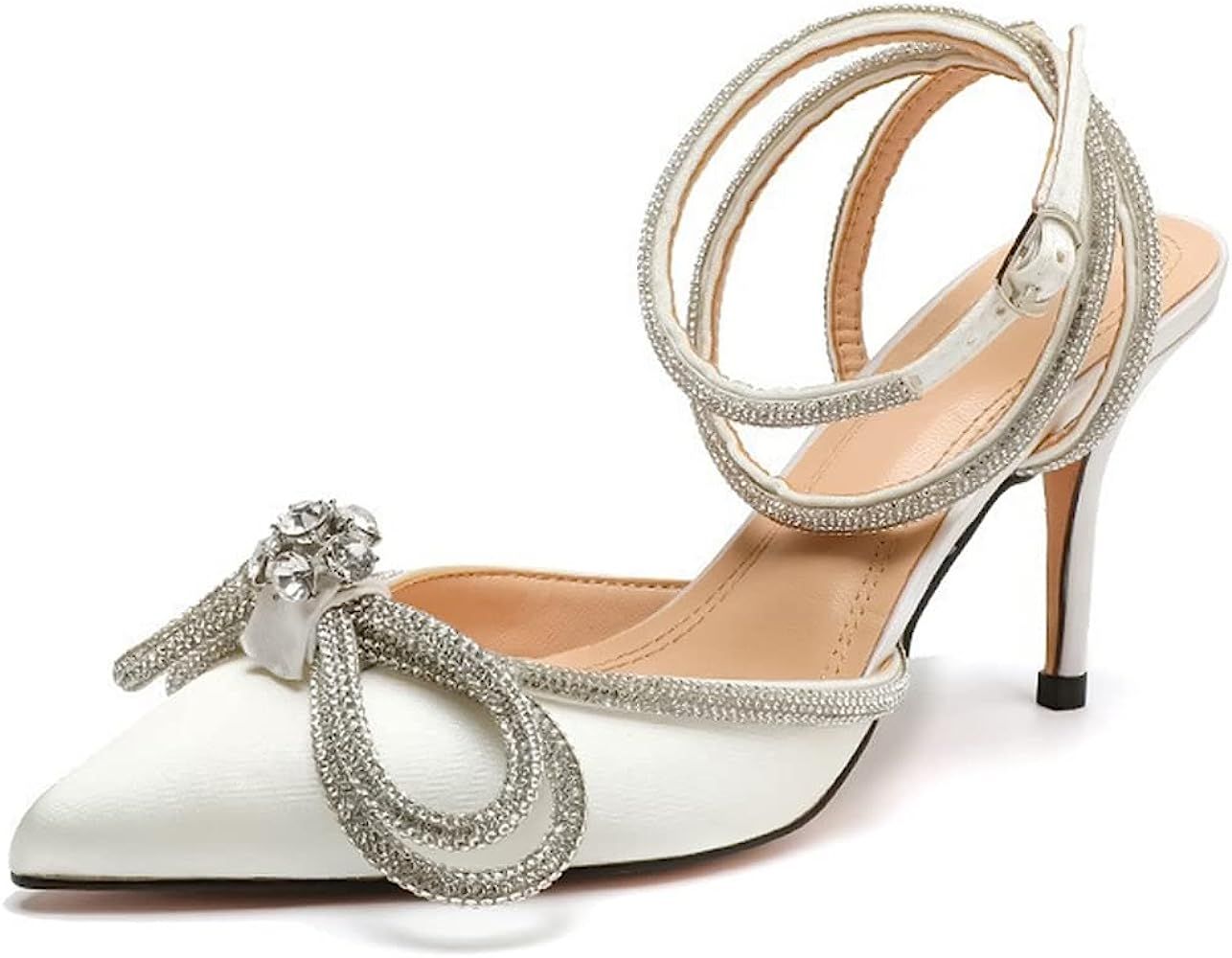 onlymaker Women's Pointy Toe Satin High Heels Ankle Strap Rhinestone Stilettos Bowknots Wedding S... | Amazon (US)
