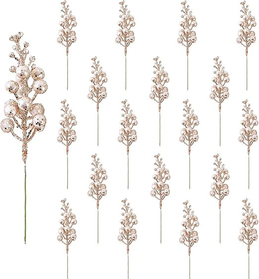 20Pack Christmas Glitter Berries Stems, 8.2 Inch Champagne Gold Artificial Berry Picks for Christ... | Amazon (US)
