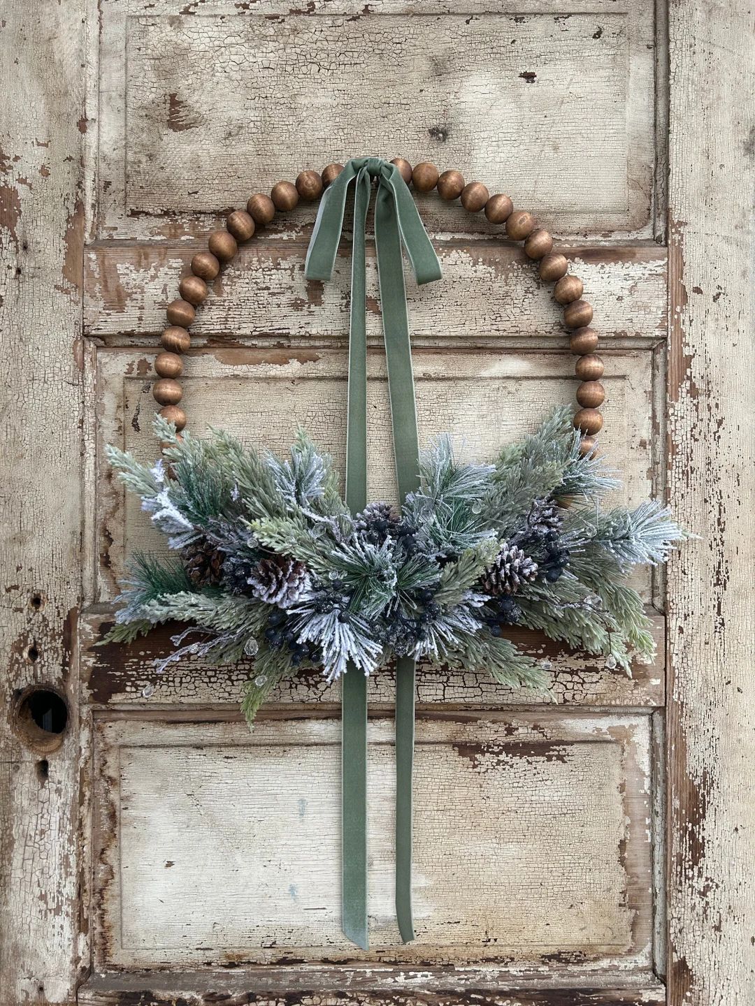 Winter Bead Hoop Wreath for Front door, Modern Christmas Wreath, Winter Hoop Wreath, Modern Wood ... | Etsy (US)