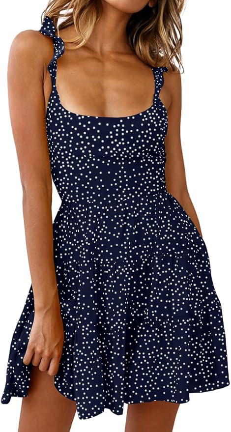 Teurkia Women's Summer Dress Beach Sexy Sleeveless Flowy Ruffled Strap Polka Dot Mini Dresses | Amazon (US)