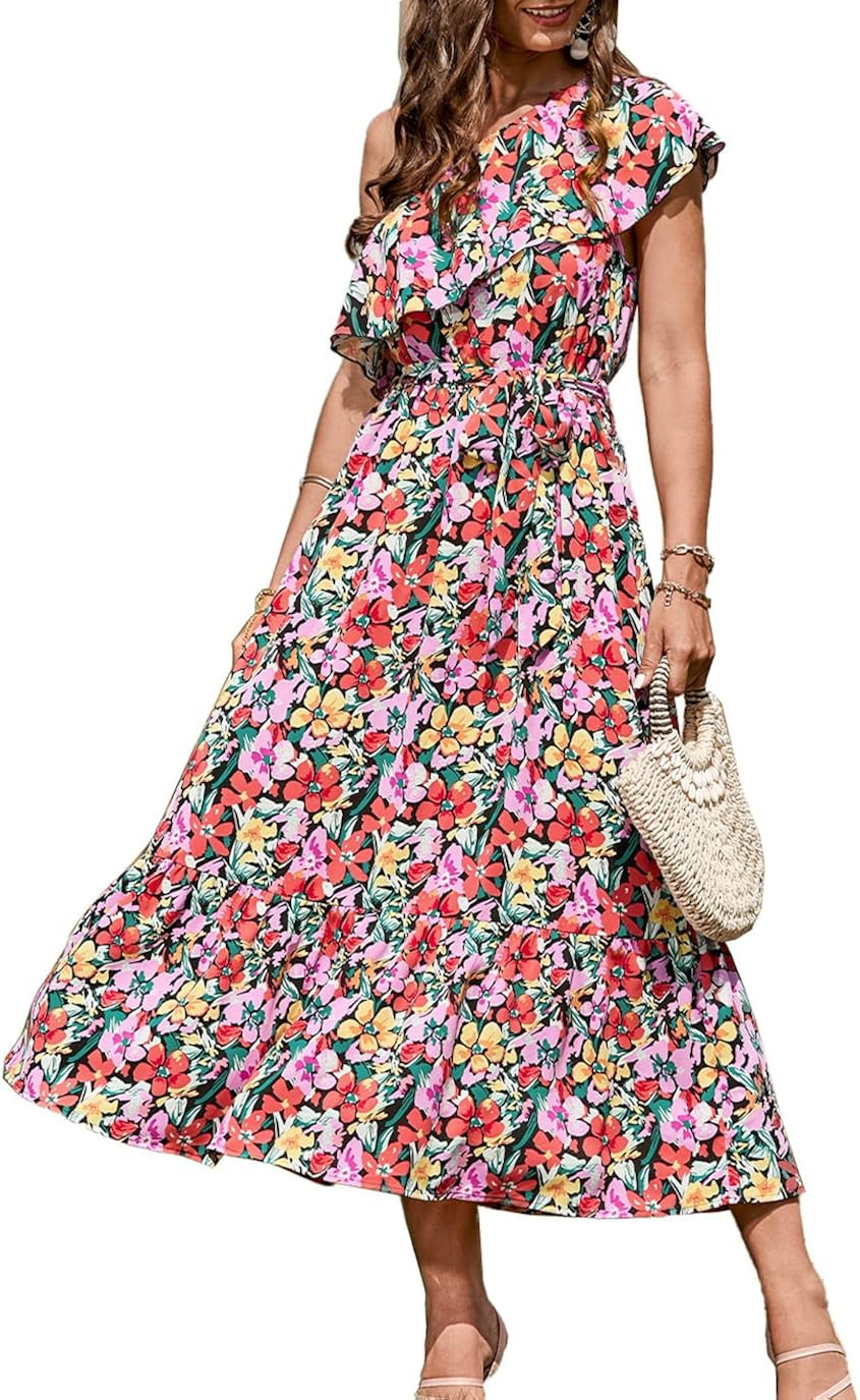 BTFBM Women's One Shoulder Maxi Dress Sleeveless Casual Summer Layered Ruffle Boho Floral Print P... | Amazon (US)