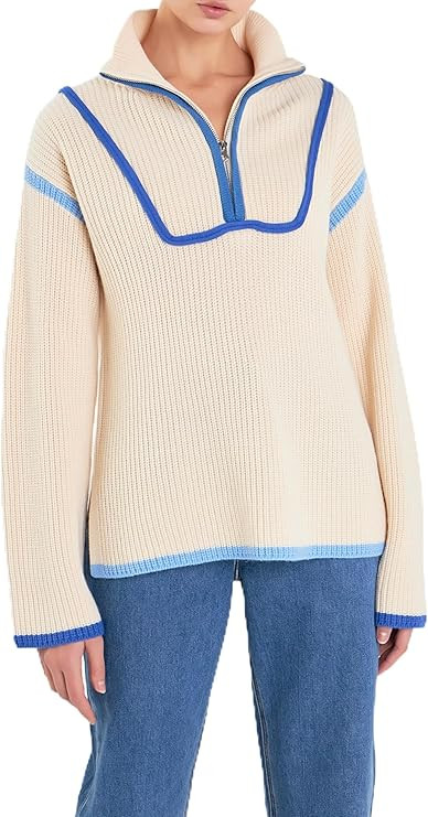 English Factory Women's Contrast Piping Quarter-Zip Sweater | Amazon (US)