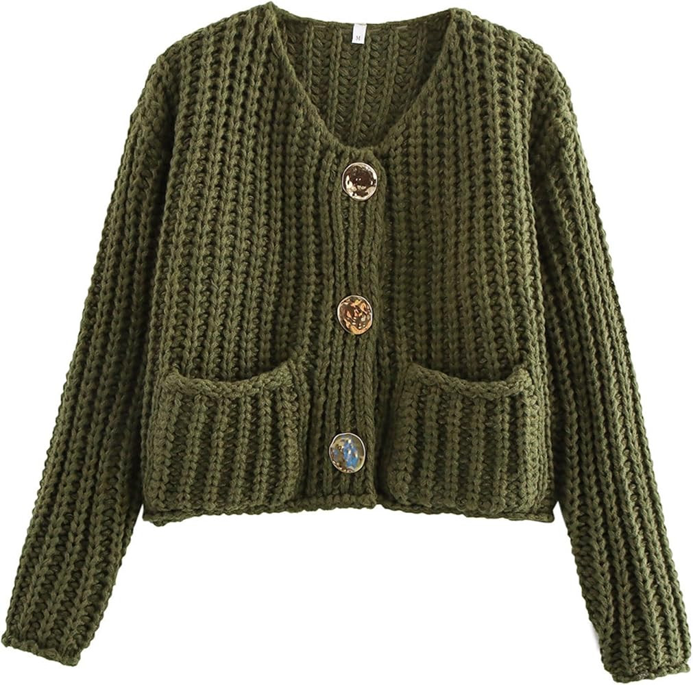 Arssm Womens Cropped Cardigan Sweaters Chunky Open Front Button Down Knit Sweater Long Sleeve Loo... | Amazon (US)