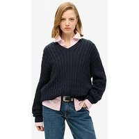 Superdry Oversized V Neck Cable Jumper - Navy, Navy, Size 10-12, Women | Very (UK)