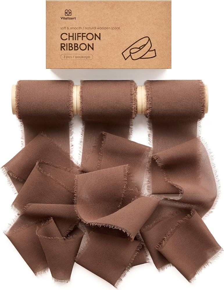 Vitalizart Brown Chiffon Ribbon 2" x 15 Yd Silk Like Handmade Frayed Edges Fringe for Wedding Inv... | Amazon (US)