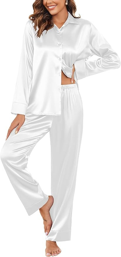Ekouaer Classic Satin Pajamas for Women Long Sleeve Button Down Sleepwear Soft Silk Loungewear Pj... | Amazon (US)