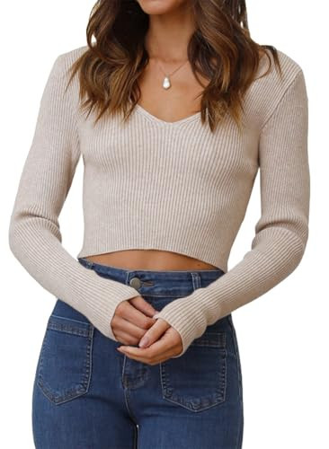 INFITTY Fall V Neck Sweater Women Sexy Long Sleeve Crop Top Knit Cropped Sweater Shirts Fall Outfits Dressy Casual Work Office Top Khaki M | Amazon (US)