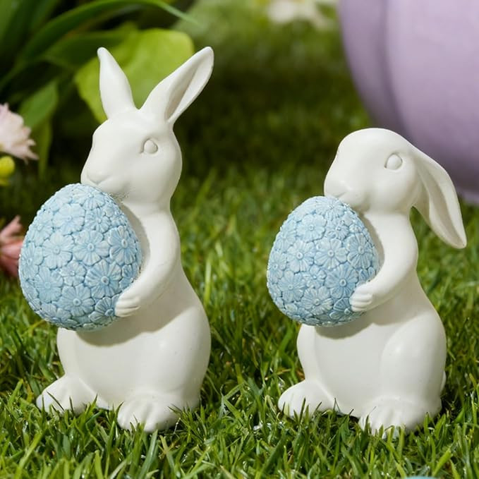 WDS WONDROUS Easter Decorations Bunny Figurines Set, Cream White Bunny with Blue Flower-Embossed ... | Amazon (US)