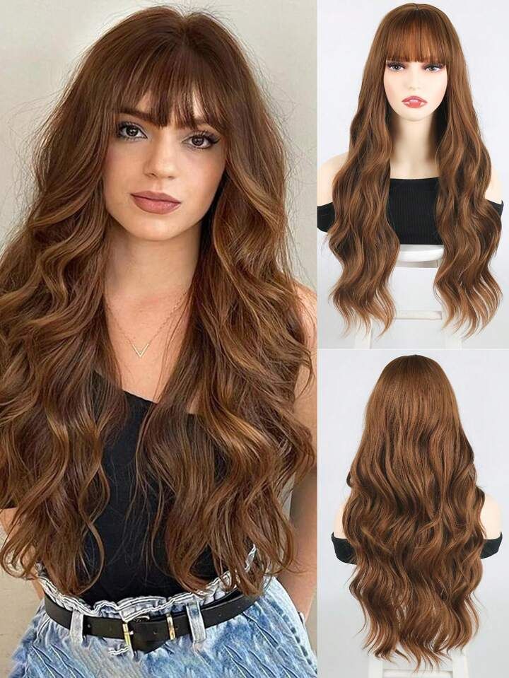 Brown Wig with Bangs for Women Long Wavy Hair Wig Brown Highlight Wig Curly Wavy Synthetic Wigs f... | SHEIN