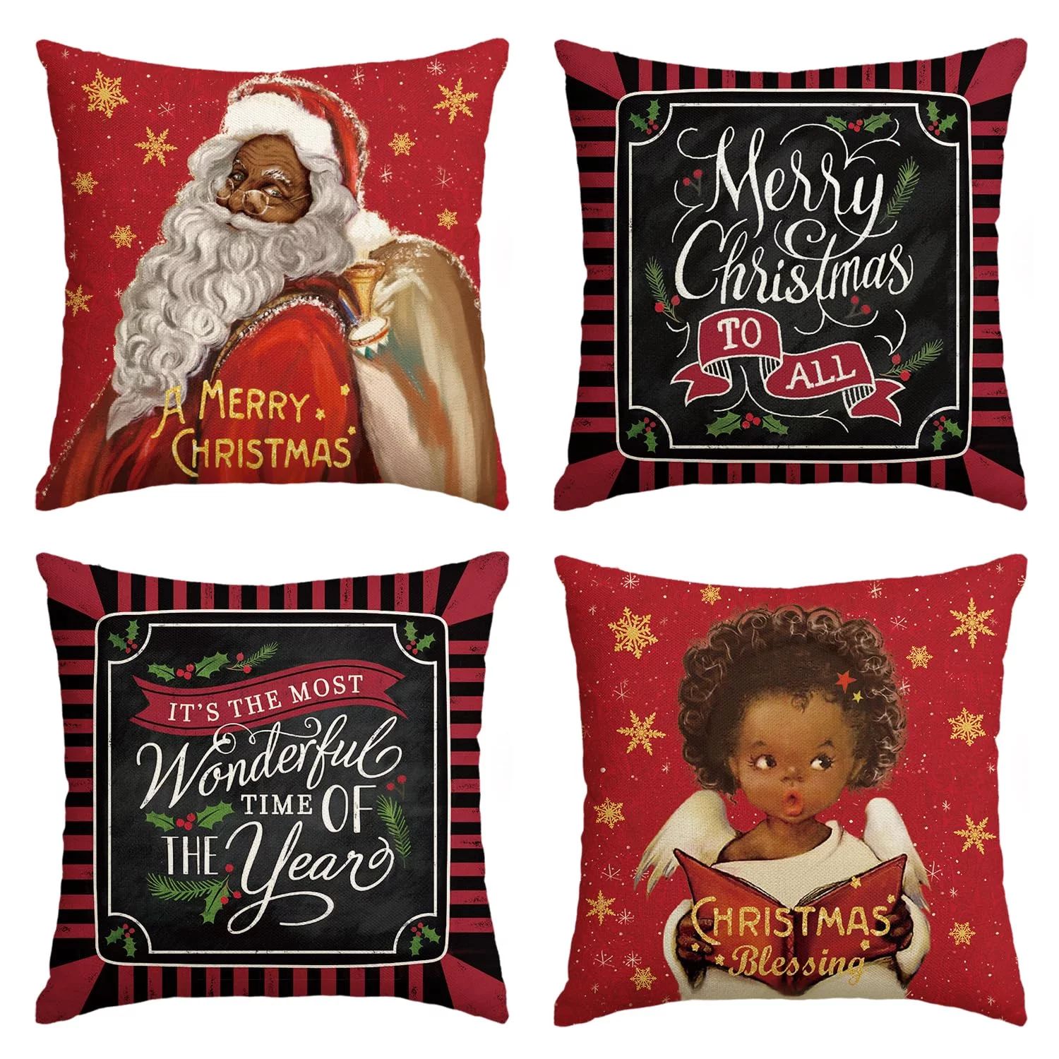 Artoid Mode Merry Christmas Santa Claus Angel Girl Xmas Pillow Covers 4-Pack 18 x 18 Red Black Sq... | Walmart (US)