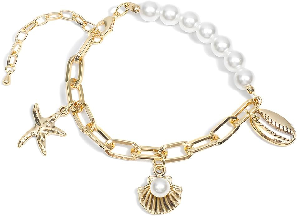 Gold Seashell Pearl Bracelets for Women Boho Starfish SeaShell Bracelet Cowrie Starfish Pearl Cha... | Amazon (US)