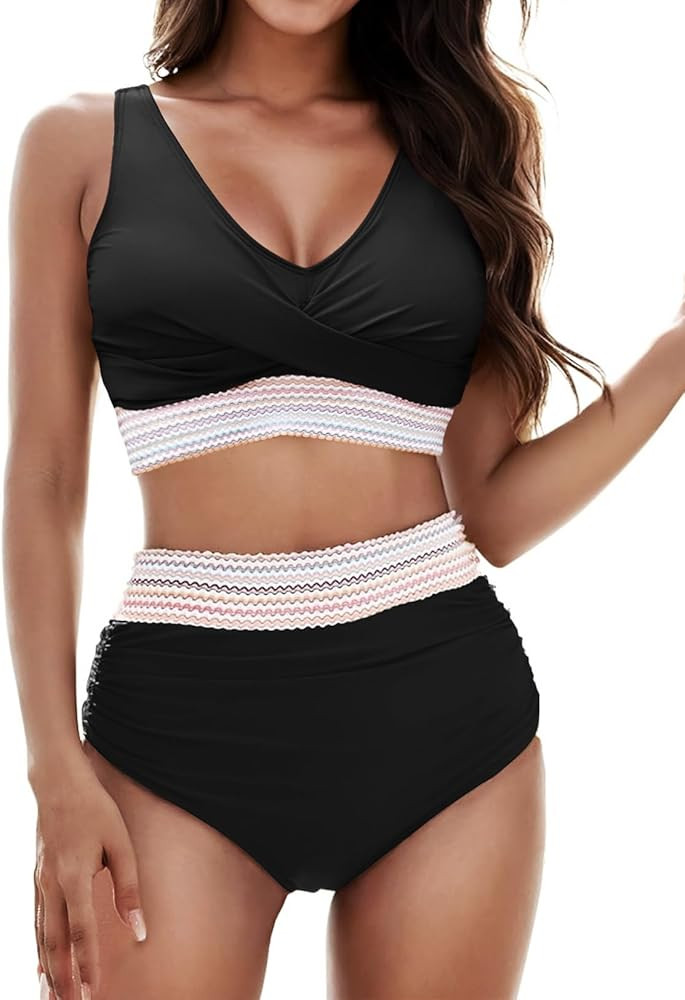 Womens High Waisted Bikini Set Tummy Control Color Block Bathing Suits Twist Front Two Piece Swim... | Amazon (US)