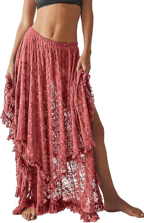 R.Vivimos Women Lace Long Skirts Summer Elastic Asymmetrical Layered Hem Sexy See-Through Beach F... | Amazon (US)
