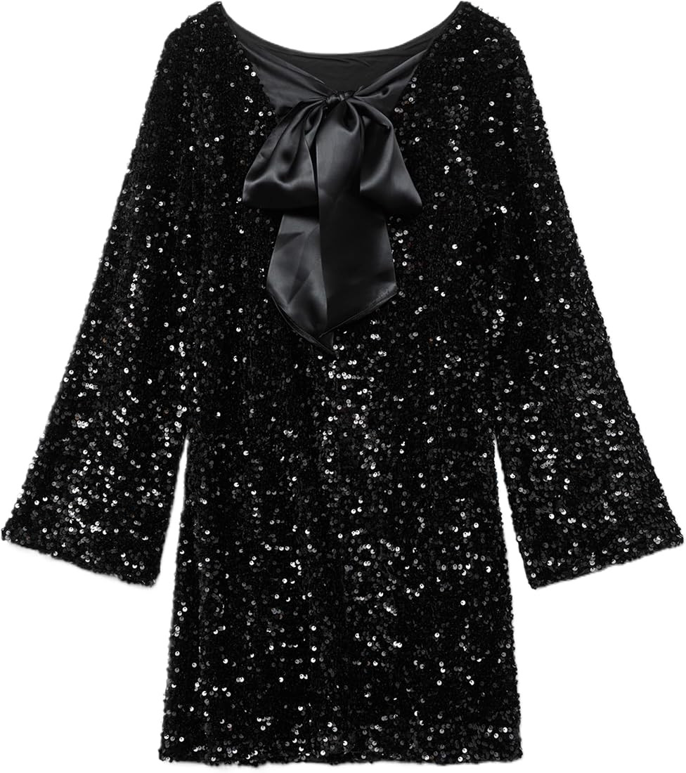Womens Long Sleeve Sparkly Sequin Mini Dress Backless Bow Tie Short Dress Loose Fit Party Cocktai... | Amazon (US)