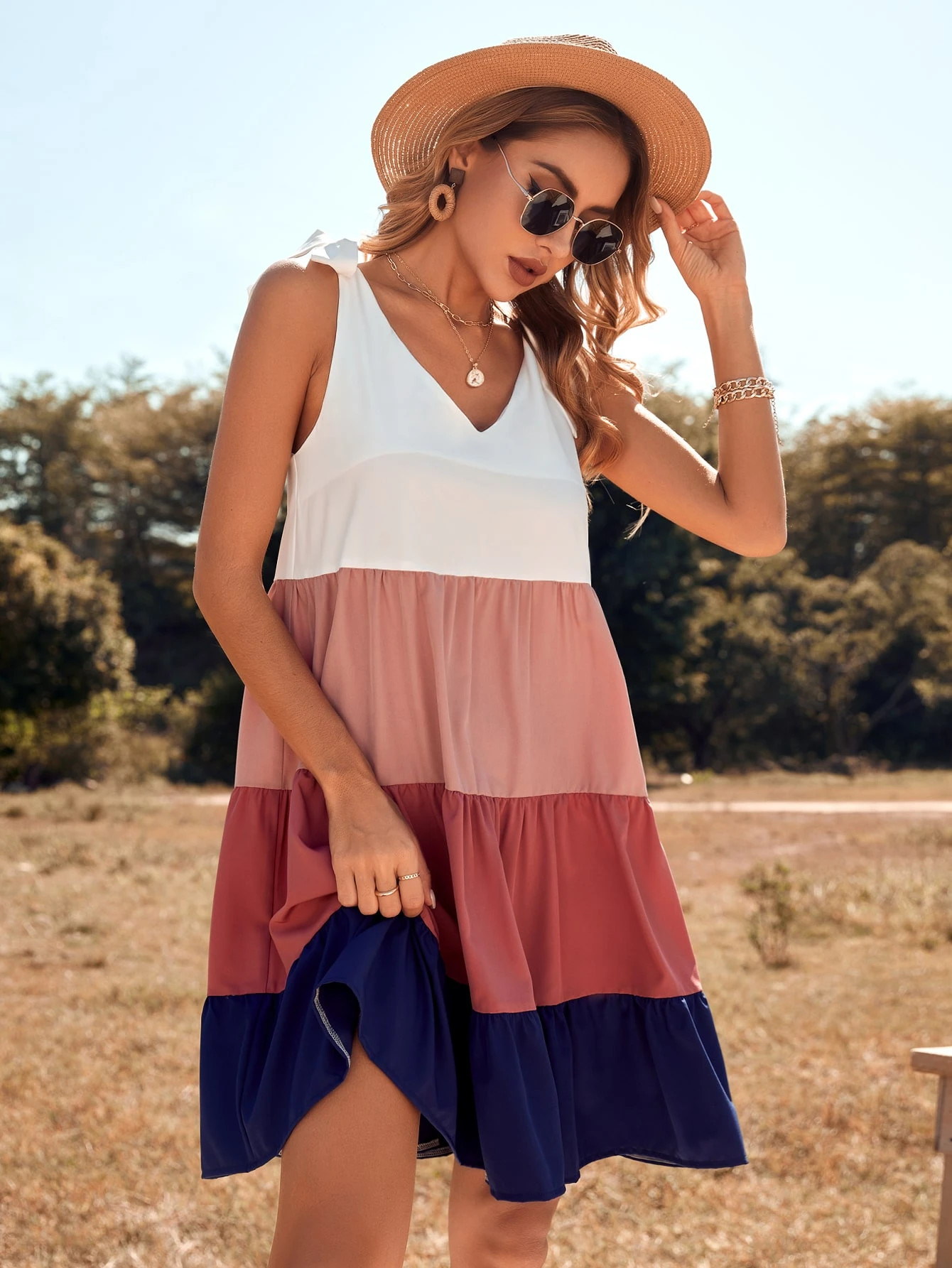 Color Block Tie Shoulder Ruffle Hem Smock Dress | SHEIN