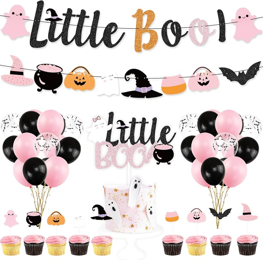 Halloween Baby Shower Party Decorations, Pink Black Glitter Little Boo Banner Wizard Ghost Bat Ca... | Amazon (US)