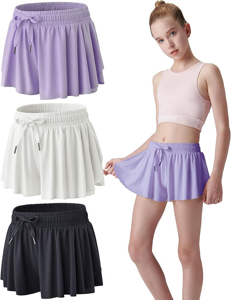 3 Pack Girls Flowy Shorts with Spandex Liner 2-in-1 Youth Butterfly Skirts for Fitness, Running, ... | Amazon (US)