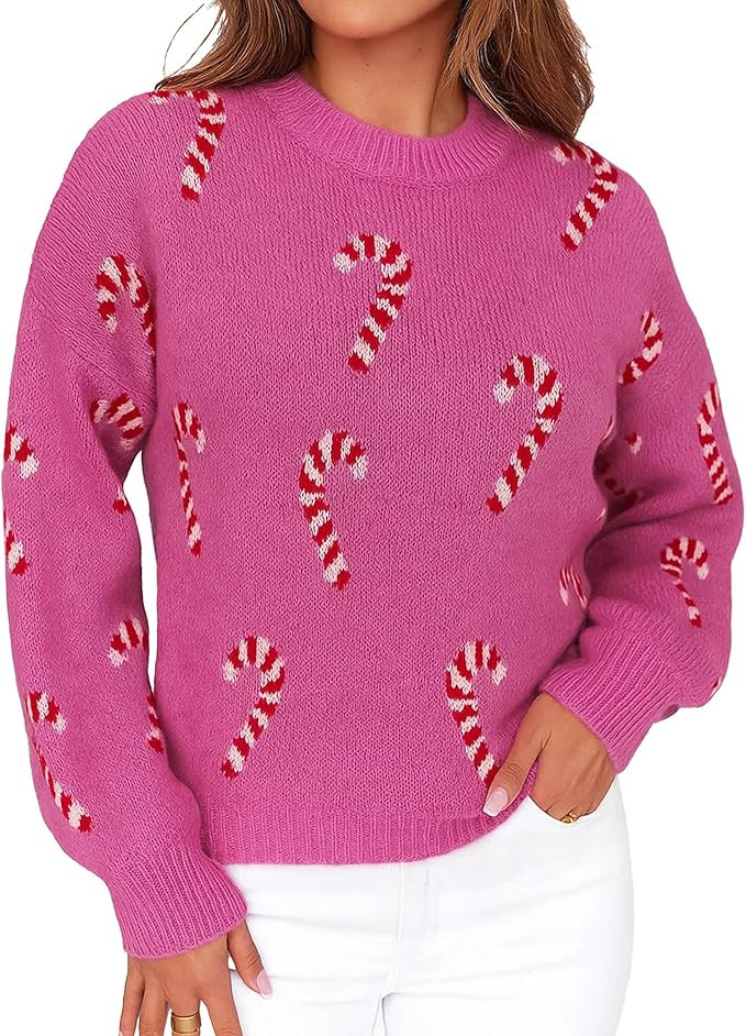 Christmas Sweater for Women Soft Drop Shoulder Pullover Crewneck Cute Candy Cane Holiday Sweater | Amazon (US)