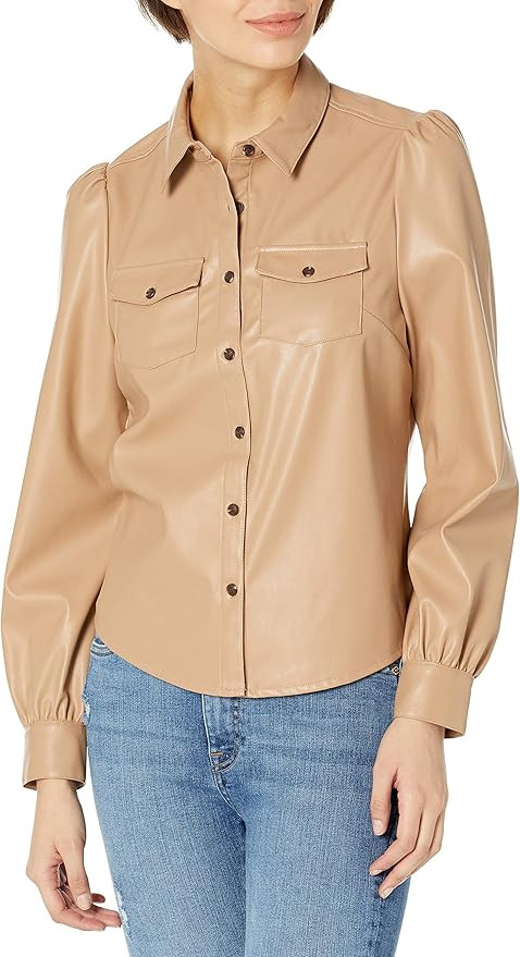 The Drop Women's Clemence Faux Leather Puffed Long Sleeve Utility Blouse | Amazon (US)
