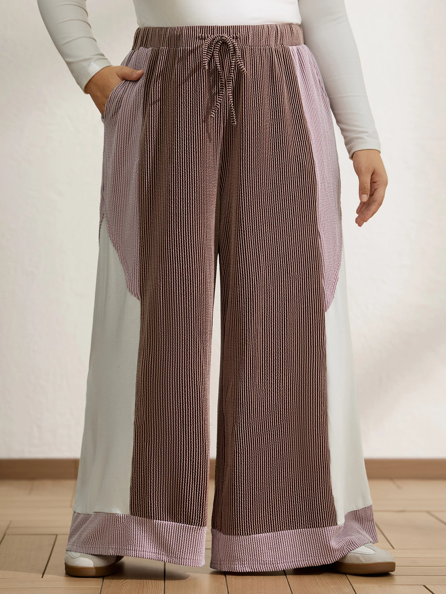 Colorblock Waist Drawstring Wide-Leg Pants | Bloomchic