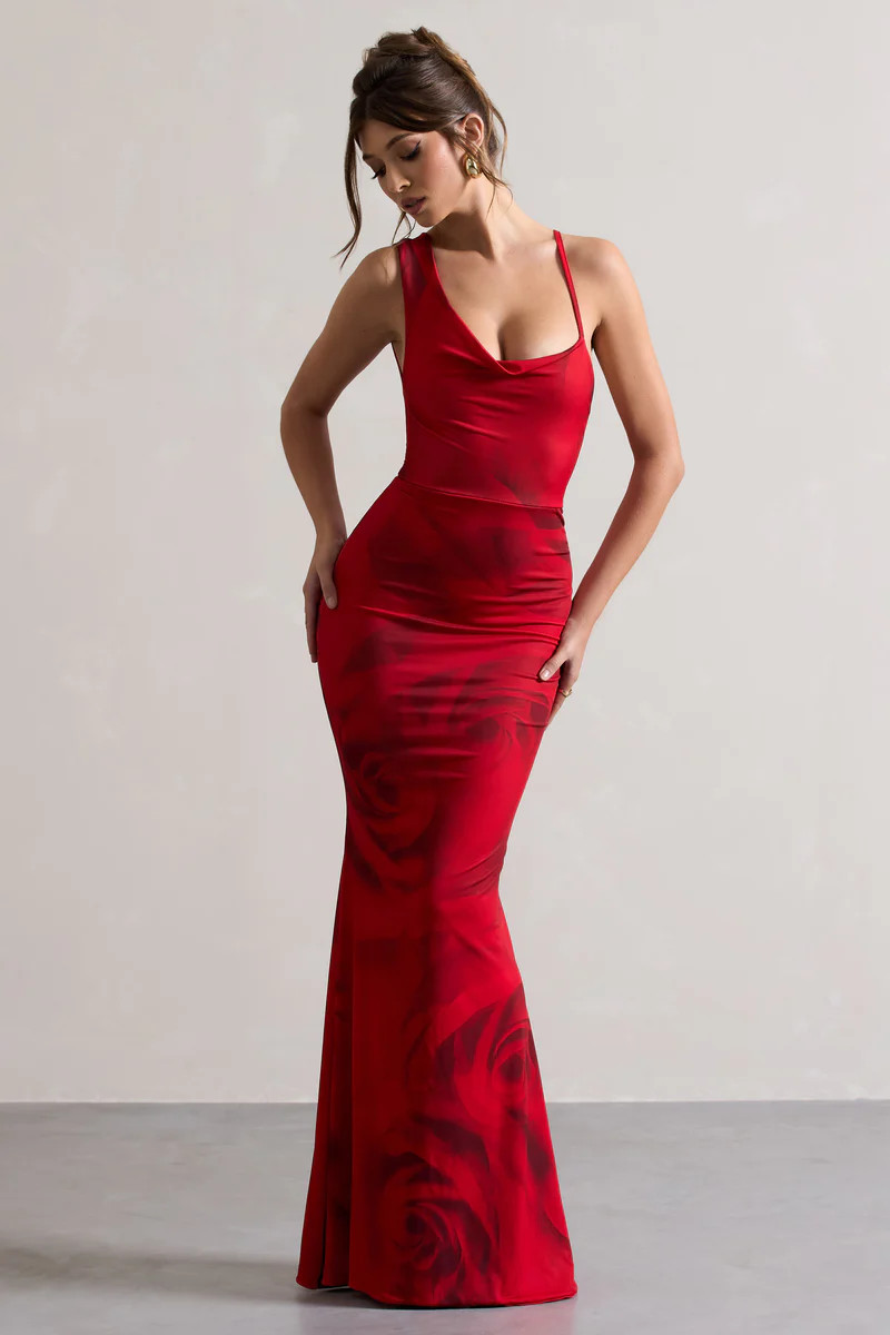 Phantasy | Red Rose Print Asymmetric Neckline Cowl Maxi Dress | Club L London