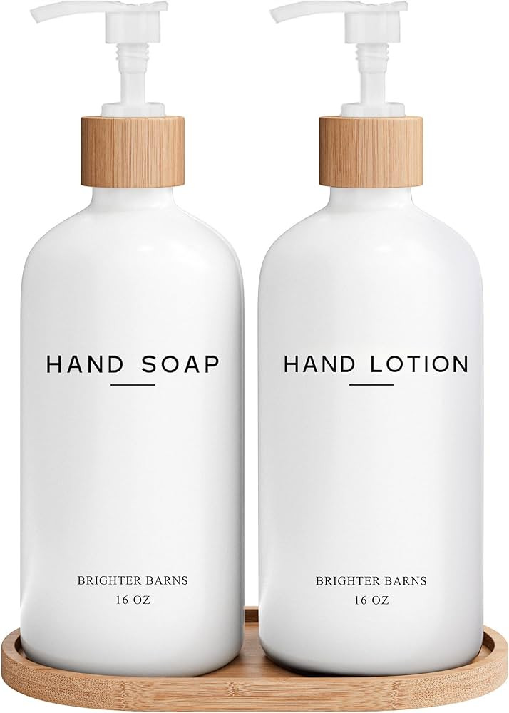 White Glass Soap and Lotion Dispenser Set with Tray by Brighter Barns - Hand Soap Dispenser Bathr... | Amazon (US)