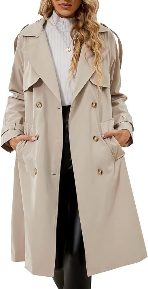 Fangetey Women's Double Breasted Classic Long Trench Coat Lapel Slim Casual Waterproof Overcoat w... | Amazon (US)