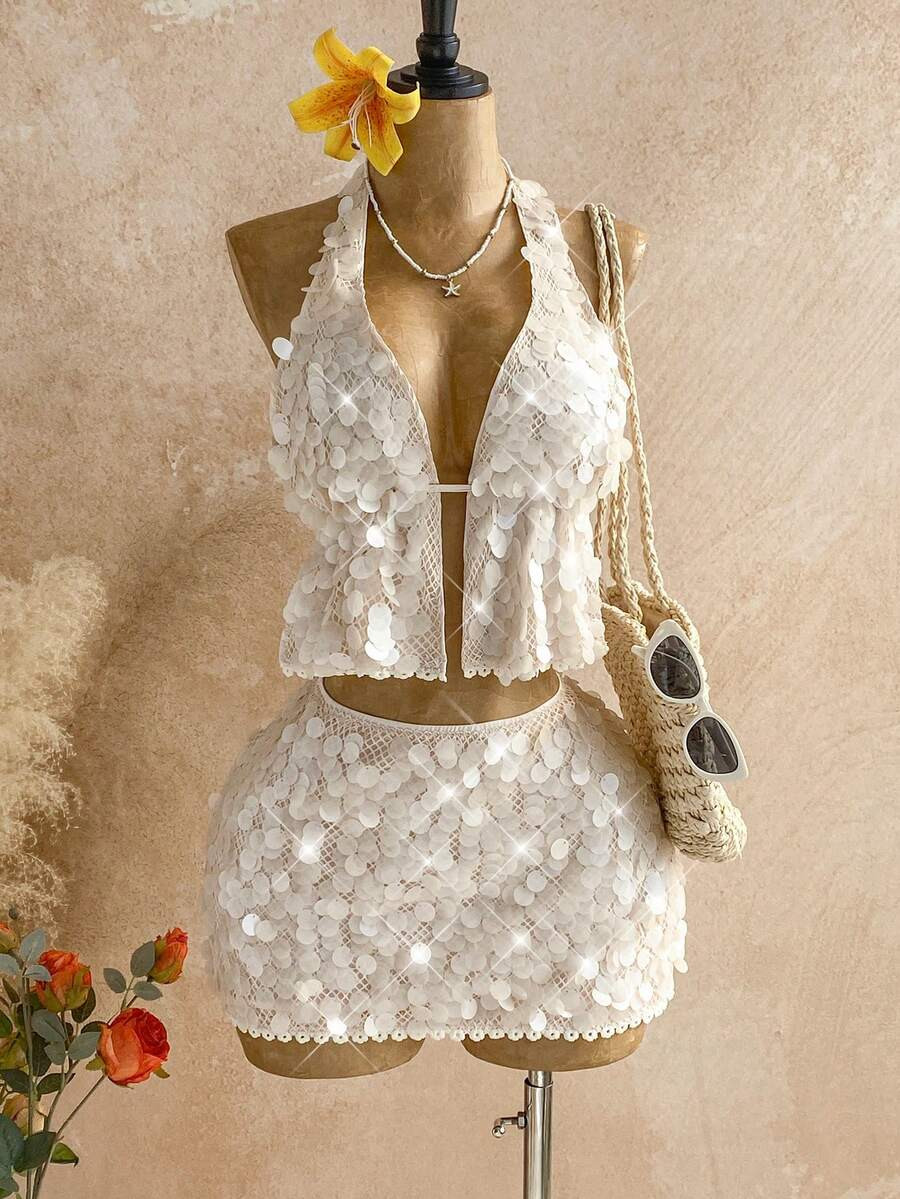 Soleia 2pcs Yellow Textured Fabric Floral Lace Trim Halter Backless Tie Waist Sexy Two Pieces Out... | SHEIN