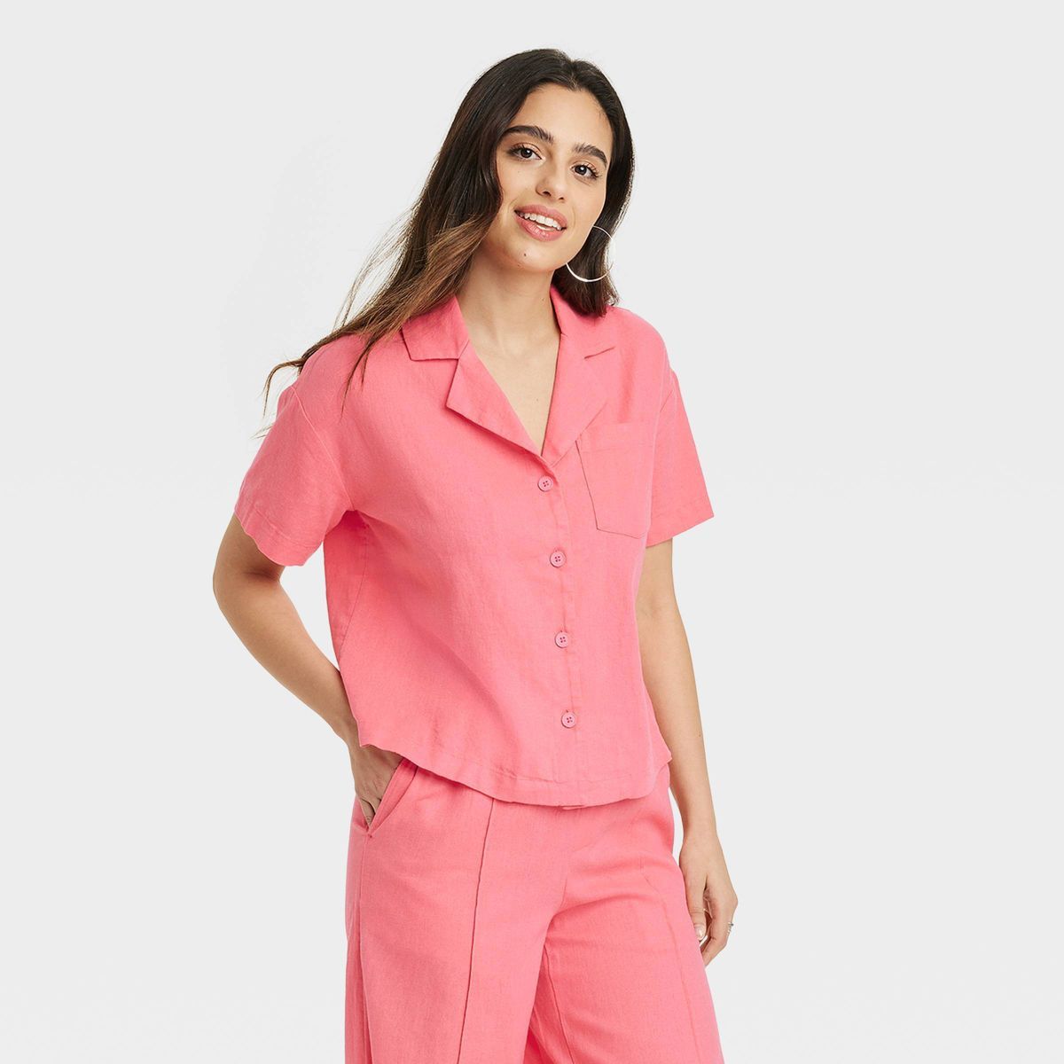 Women's Linen Short Sleeve Button-Down Camp Shirt - A New Day™ Pink S | Target