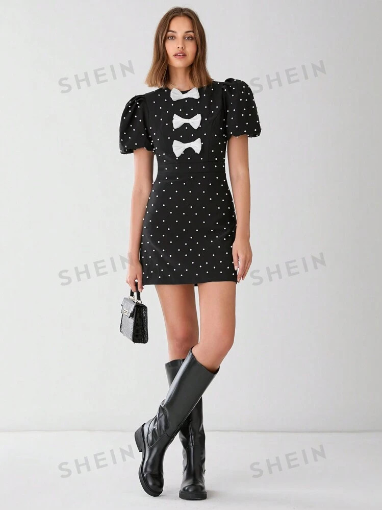 Enchnt Autumn New Women's Romantic Elegant Bow Pearl Decorated Puff Sleeve Dress, Autumn Dress, P... | SHEIN
