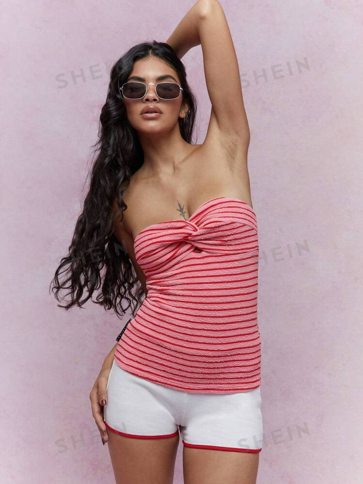 MISSGUIDED Twist Knot Bust Striped Textured Ribbed Bandeau Top | SHEIN