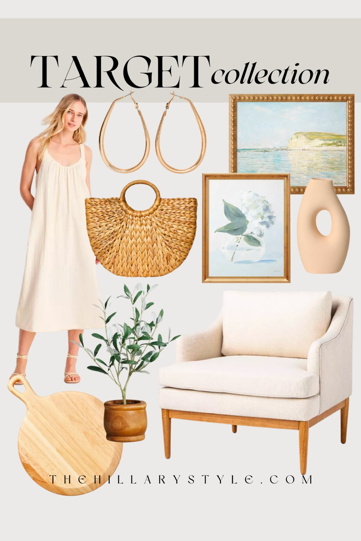 Target Collection: neutral home decor and fashion finds from Target. Spring dress, straw bag, gold hoops, sandals, accent chair, framed art, ceramic vase, wood cutting board, faux olive tree. Spring outfit, spring fashion, spring home decor, spring refresh.

#LTKhome #LTKSeasonal #LTKstyletip