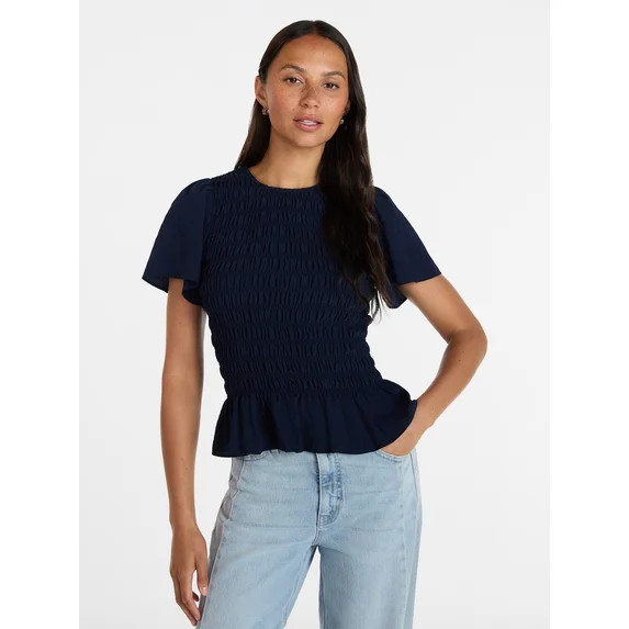 Time and Tru Women's Smocked Top with Peplum Hem, Sizes XS-XXXL | Walmart (US)