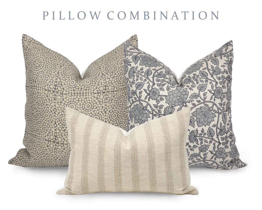 PILLOW COMBO Light Neutrals Grey Print Pillow Floral Blue - Etsy | Etsy (US)