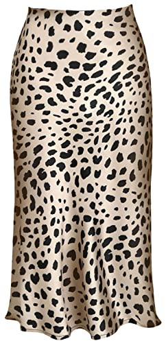 Womens Leopard Print Skirt Midi Long Length Silk Satin High Waist Elastic Skirts XS | Amazon (US)