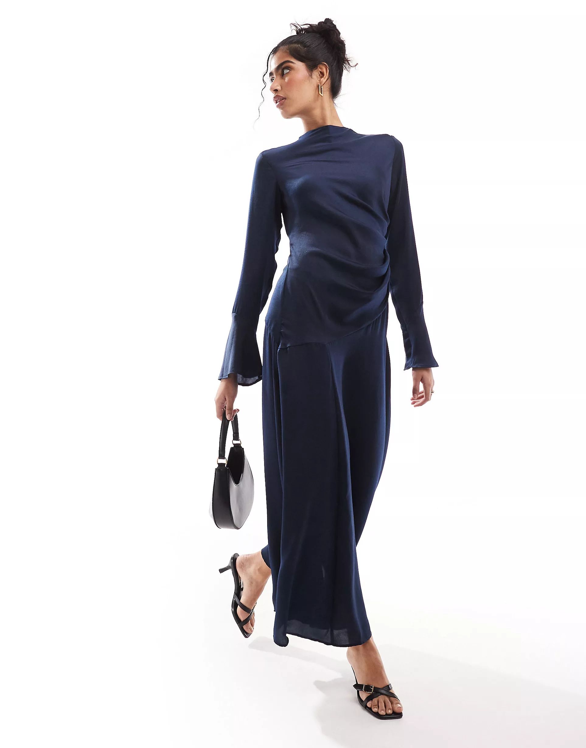 ASOS DESIGN ruched side cowl neck maxi dress with asymmetric tier in navy | ASOS (Global)
