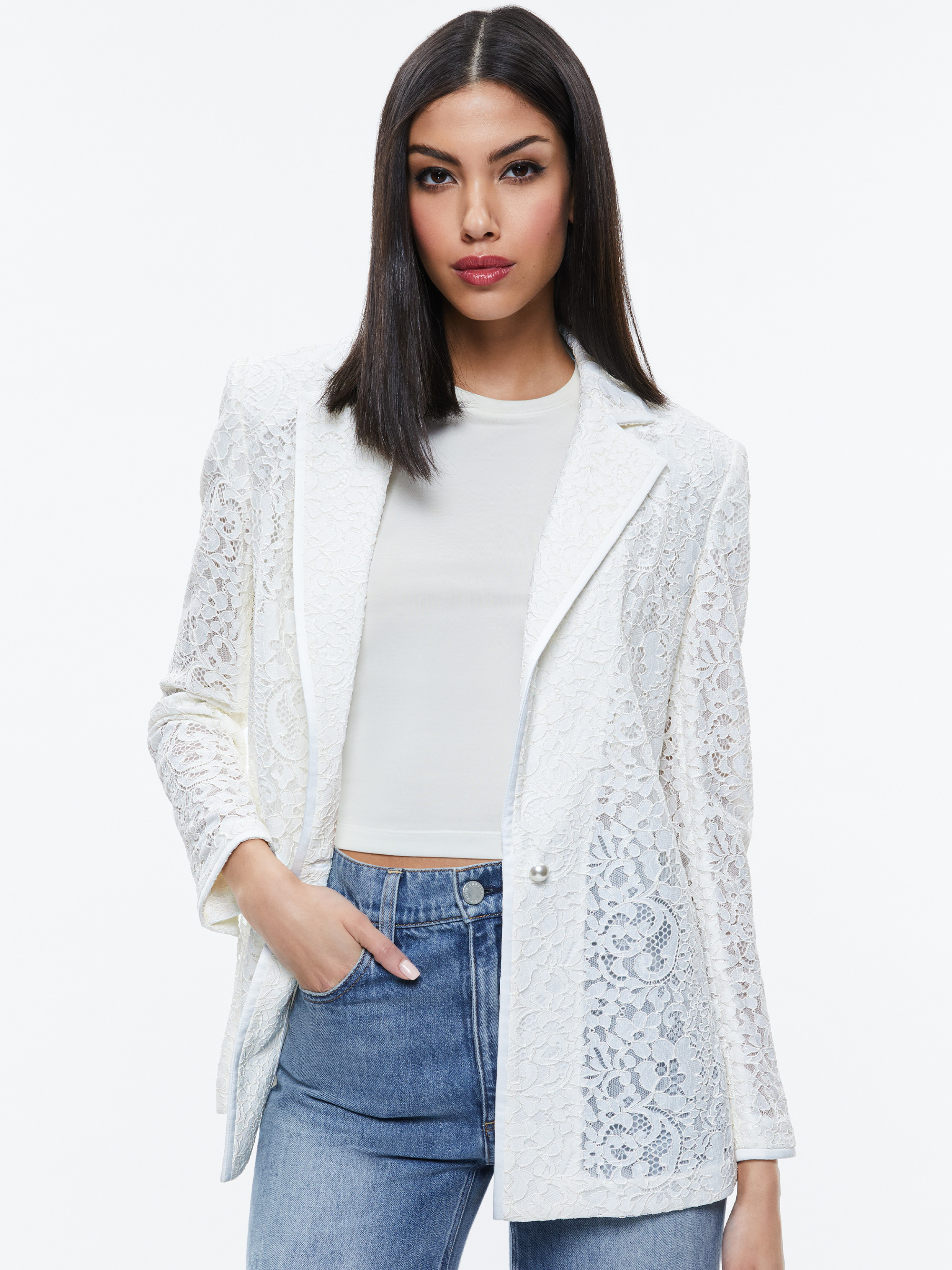 JUDITH SHEER LACE SHAWL COLLAR BLAZER + DUNN LACE SHORT | Alice + Olivia