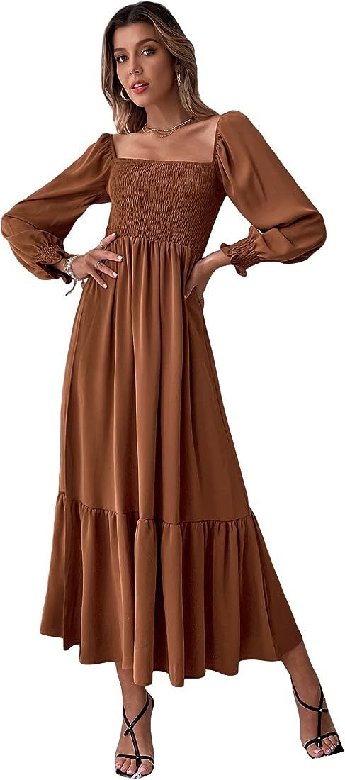 WDIRARA Women's Square Neck Flounce Shirred Ruffle Hem Elegant Long Sleeve Maxi Dress | Amazon (US)