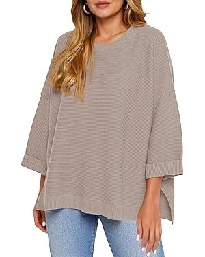 Tankaneo Women's Oversized Sweaters Casual 3/4 Long Sleeve Crewneck Ribbed Knit Split Tunics Fall... | Amazon (US)