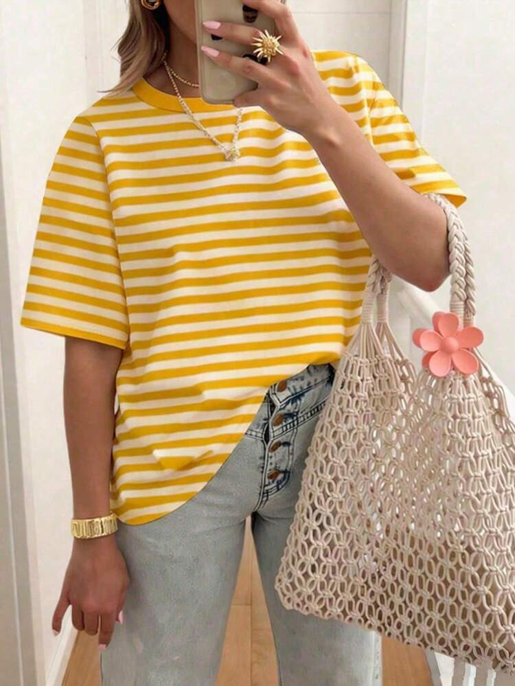 Striped Round Neck Casual Short Sleeved T-Shirt, Plus Size Women's T-Shirt, Summer Cute Yellow Top Yellow Striped Top Summer T Shirt Yellow Clothes Yellow T Shirt Summer Yellow Top Yellow T-Shirt Yellow Striped T-Shirt | SHEIN
