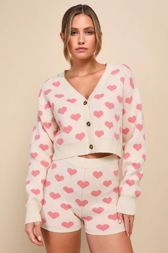 Loveable Babe Cream and Pink Heart Print Sweater Lounge Shorts | Lulus