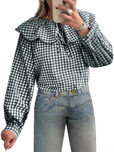 Tankaneo Womens Peter Pan Collar Shirts Gingham Puff Long Sleeve Blouses Ruffle Loose Fit Fall Ca... | Amazon (US)