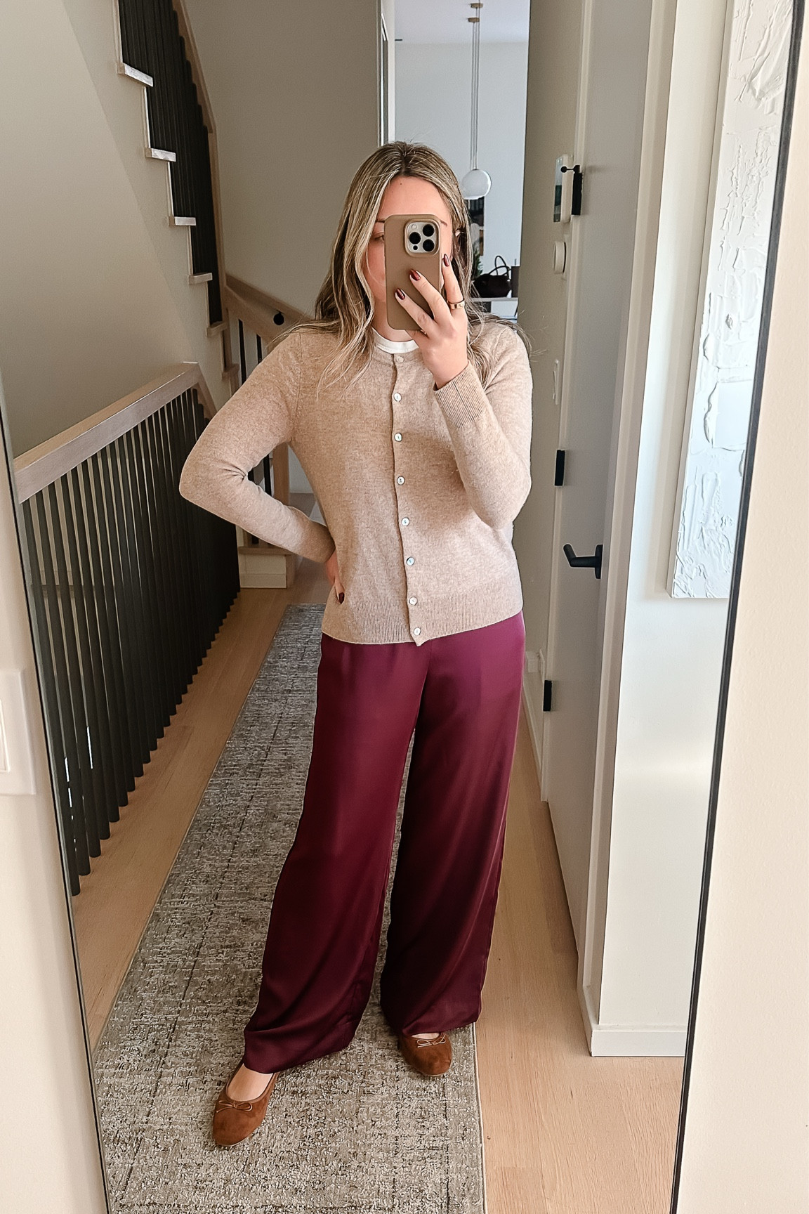 Thanksgiving Outfit Option #1

Cashmere cardigan - true to size (M) — under $80 at full price!!

Layered tee - also true to size (M) — I have the boxy cut, but am ordered the slim cut to compare. My favorite tee for layering!!

Satin pants — 50% off!!! Elastic waistband and so great for the holidays. Also available in black or champagne. Also tts — wearing the medium.

Brown suede ballet flats are also true to size and SO COMFY. They feel like slippers!! So padded, great for being on your feet all day. Only $22!!

#LTKCyberWeek #LTKHoliday #LTKFindsUnder50