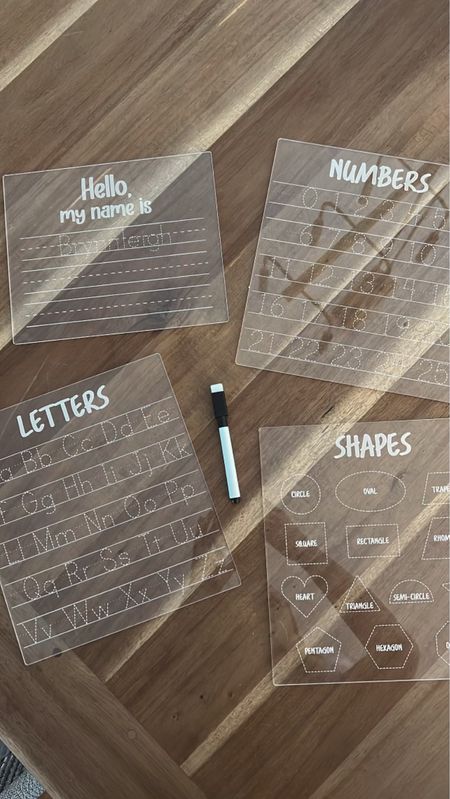 I love using these to help Brynnie learn her letters, shapes, and just practice writing in general! They’re acrylic and you use dry erase markers to write on them. 

Etsy finds, homeschool finds, preschool tools, kids school, toddler learning, toddler education, Jess Crum 

#LTKhome #LTKfamily #LTKkids