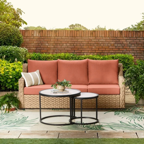 Better Homes & Gardens River Oaks Outdoor Sofa & 2 Nesting Tables with Patio Cover, Red | Walmart (US)
